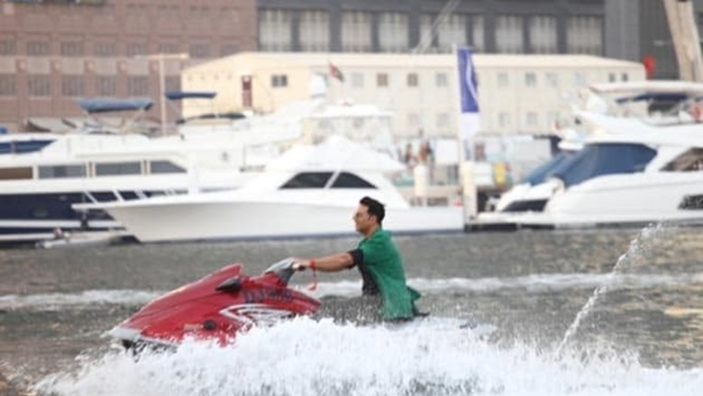 Snapshot: 'Boss' Akshay arrives at a press meet on a Jet Ski