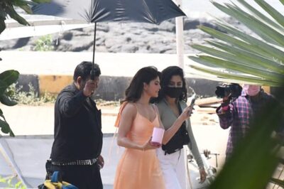 Jacqueline Fernandez Spotted Shooting at Bandstand on Sunday in Lovely Peach Dress